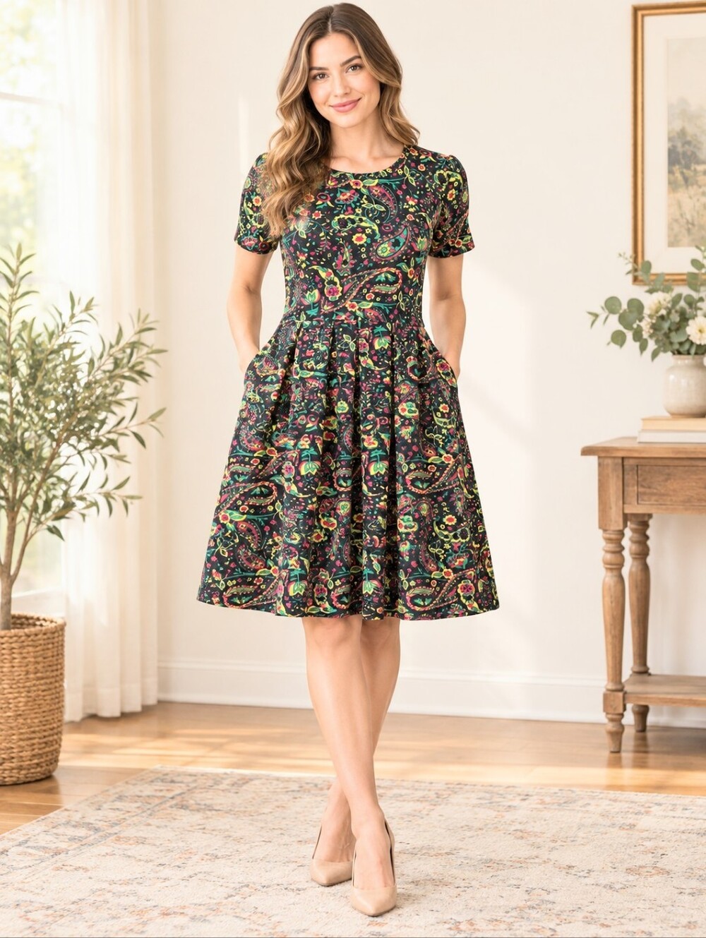 LuLaRoe Amelia Floral Paisley Fit & Flare Pocket Midi Dress Black Multicolour M